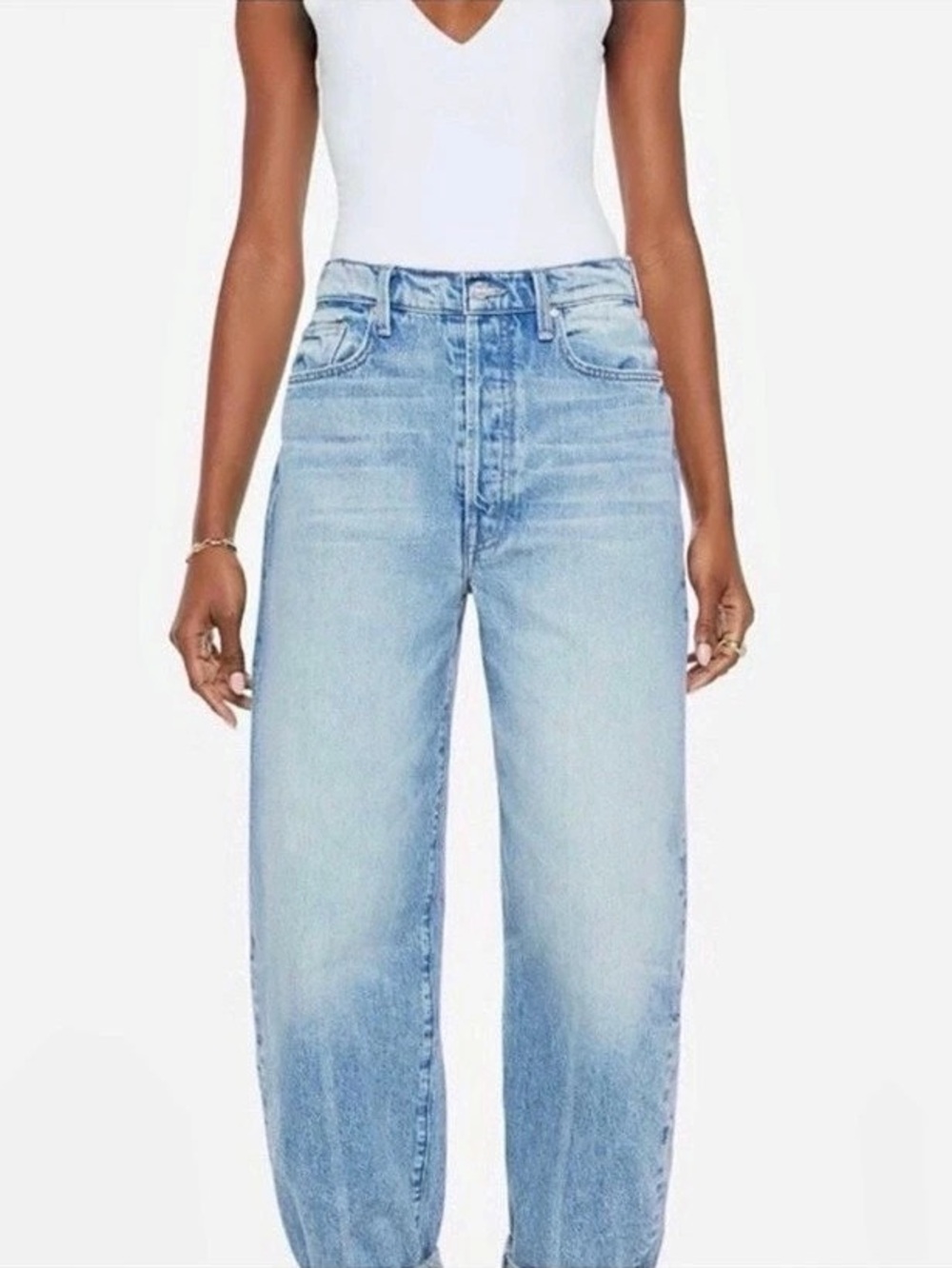 Mother The Fangirl Button Skimp Cuff Boyfriend Jeans in Blue Waist 32